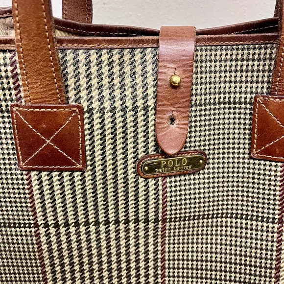 Vintage Polo Ralph Lauren Large Canvas Leather Tote Bag Plaid Houndstooth Brown - Picture 4 of 10